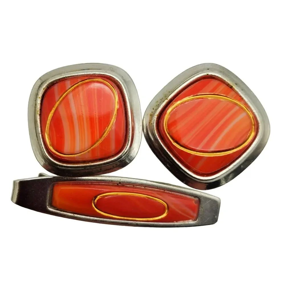 Silver Tone Orange Lucite Swirl Cufflinks Tie Bar MCM Mens Atomic Accessory Mod